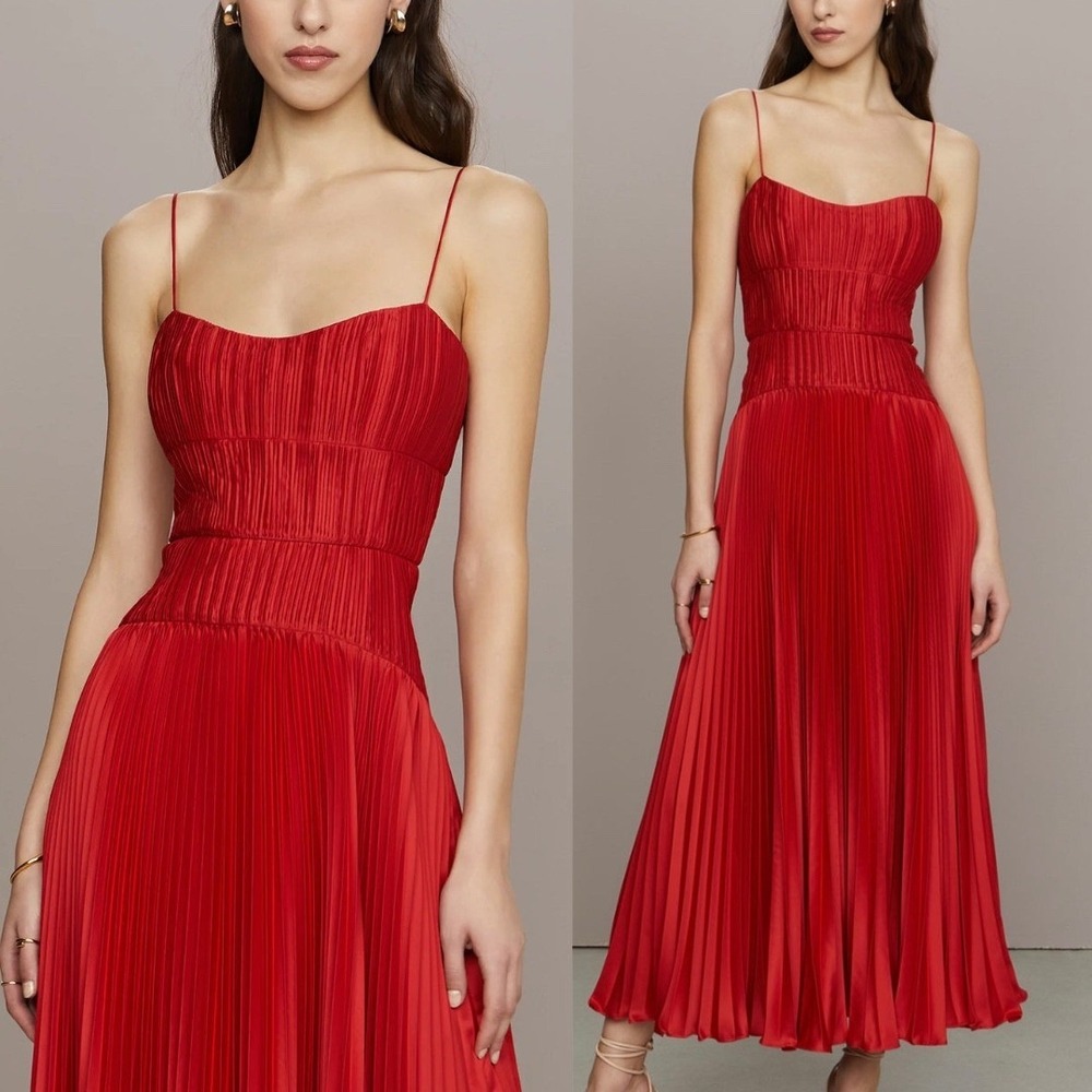 NWT AMUR Cherry Drop Waist Pleated Midi‎ Dress in Red - Size 8